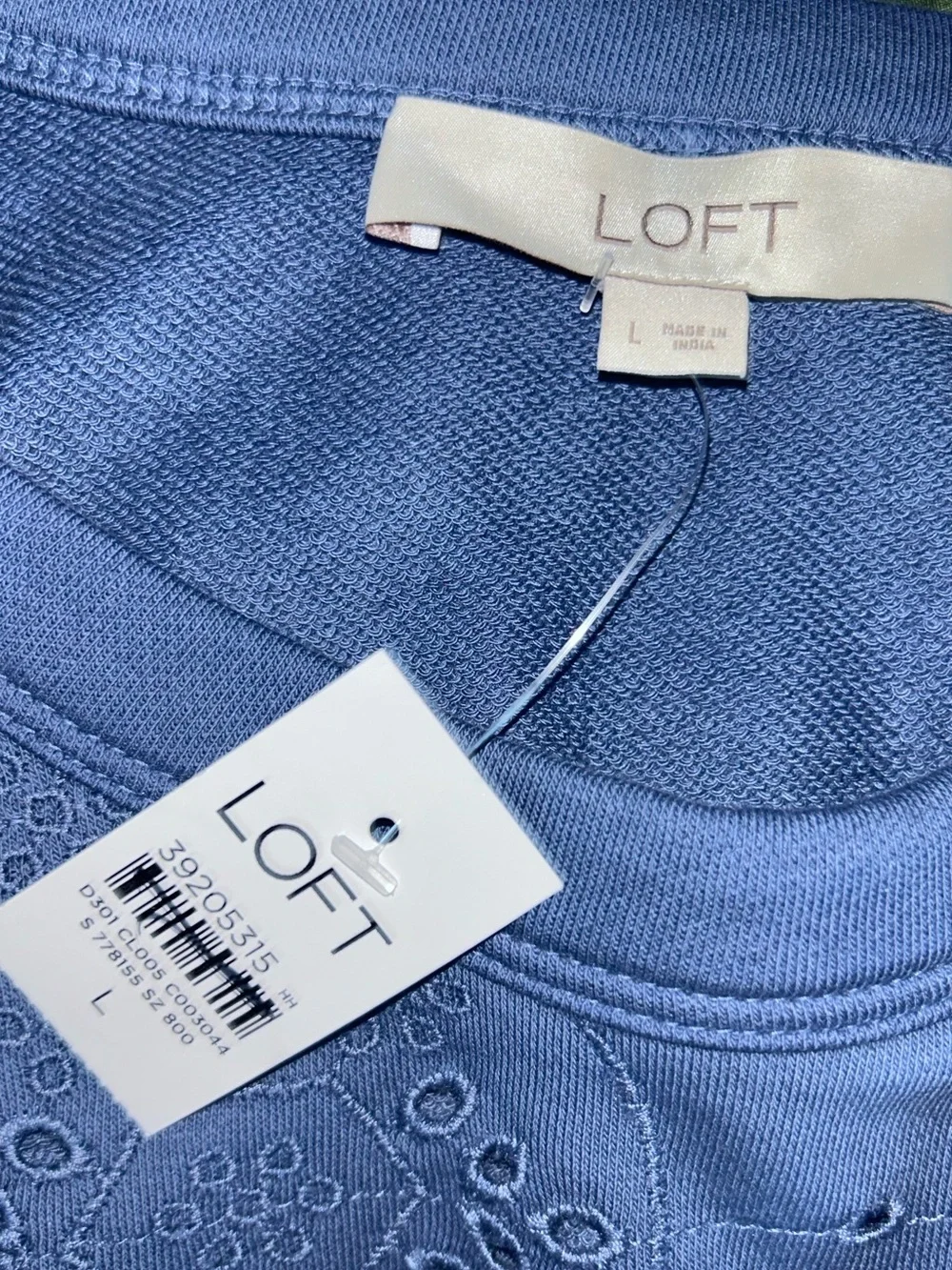 NWT LOFT Blue Eyelet Puff Short Sleeve Sweatshirt Top - Size Large